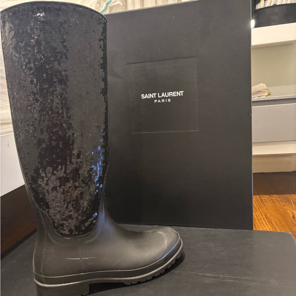 Saint Laurent Black Sequin Rain Boots